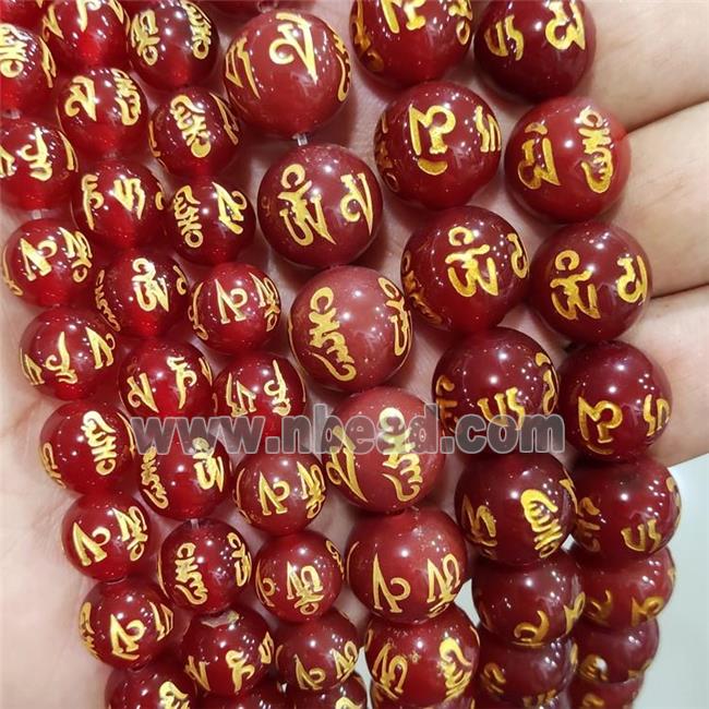Natural Agate Buddhist Beads Red Dye Round Carved Om Mani Padme Hum