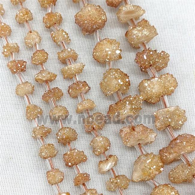 Natural Druzy Quartz Cluster Beads Champagne Electroplated
