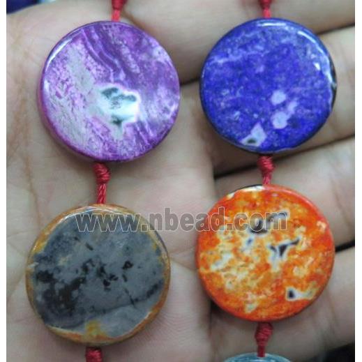 Dichromatic Agate beads, flat-round, mixed color