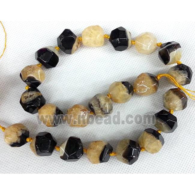 Agate stone bead, faceted round, black and orange