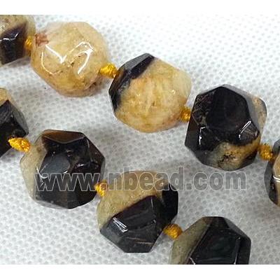 Agate stone bead, faceted round, black and orange