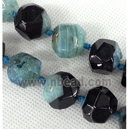 Agate stone bead, faceted round, black and blue