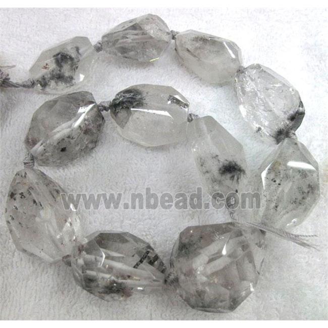 black rutilated quartz beads, freeform, faceted