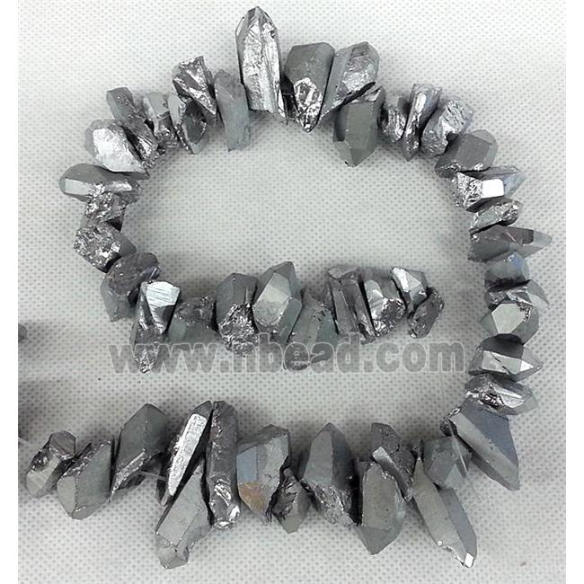clear quartz bead, freeform chips, silver-grey, electroplated