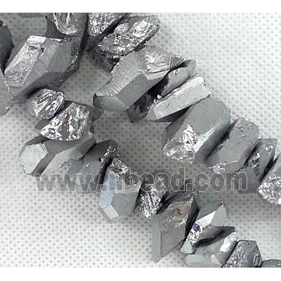 clear quartz bead, freeform chips, silver-grey, electroplated