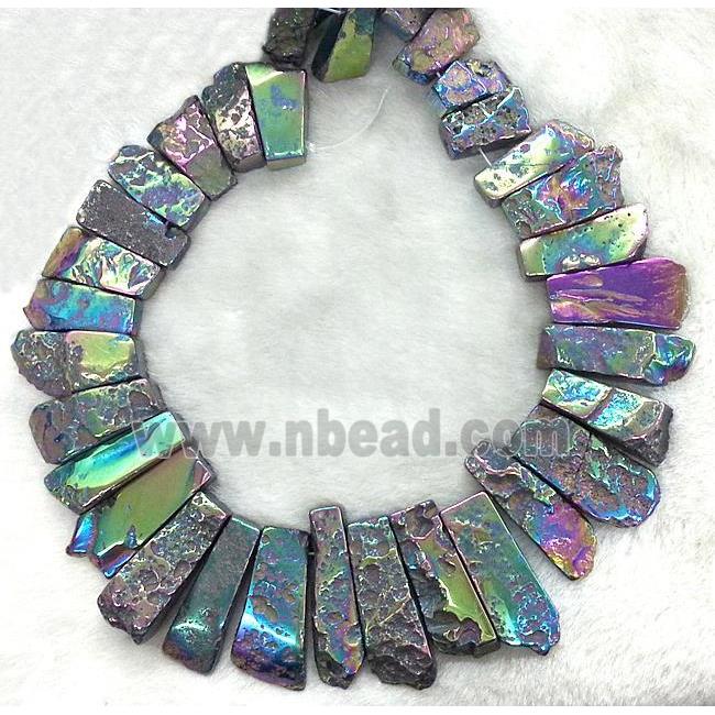 rock Agate stick beads for necklace, freeform, rainbow electroplated