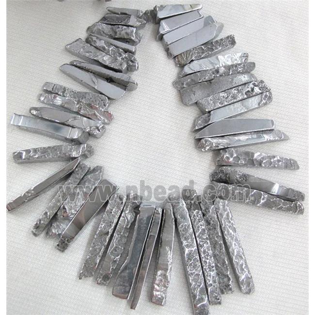 rock Agate beads for necklace, stick, silver electroplated