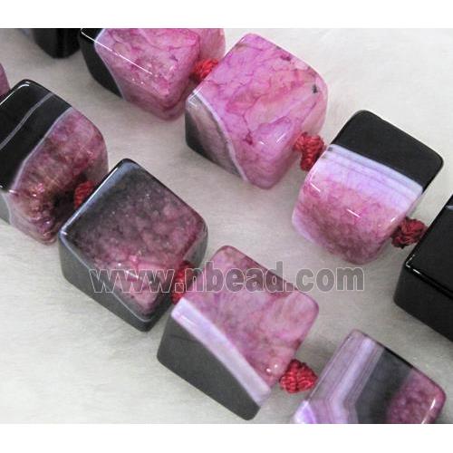 Agate Druzy beads, cube, hotpink