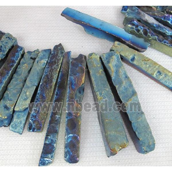 rock agate stone bead, stick, blue electroplated