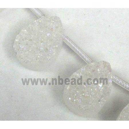Agate Druzy beads, teardrop, white AB-Color electroplated