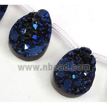 Agate Druzy beads, teardrop, blue electroplated