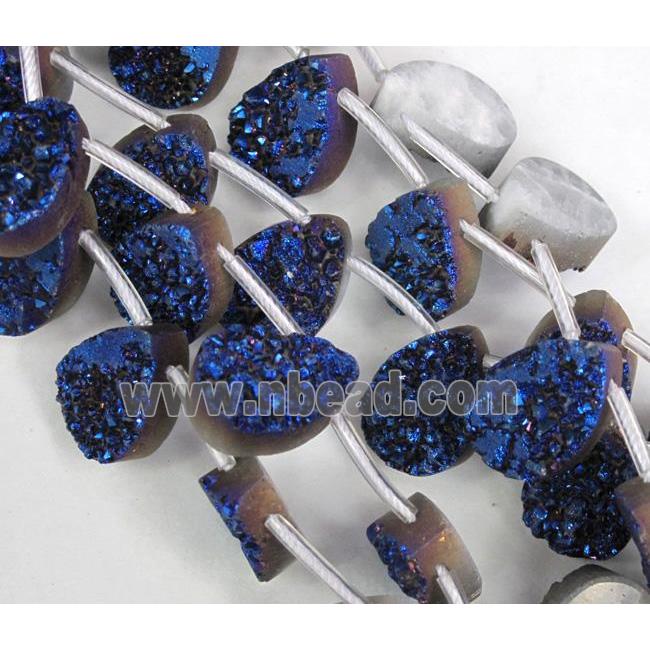 Agate Druzy beads, teardrop, blue electroplated