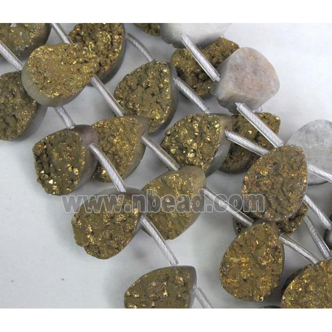Agate Druzy beads, teardrop, gold electroplated
