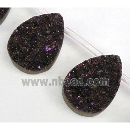 Agate Druzy beads, teardrop, purple electroplated