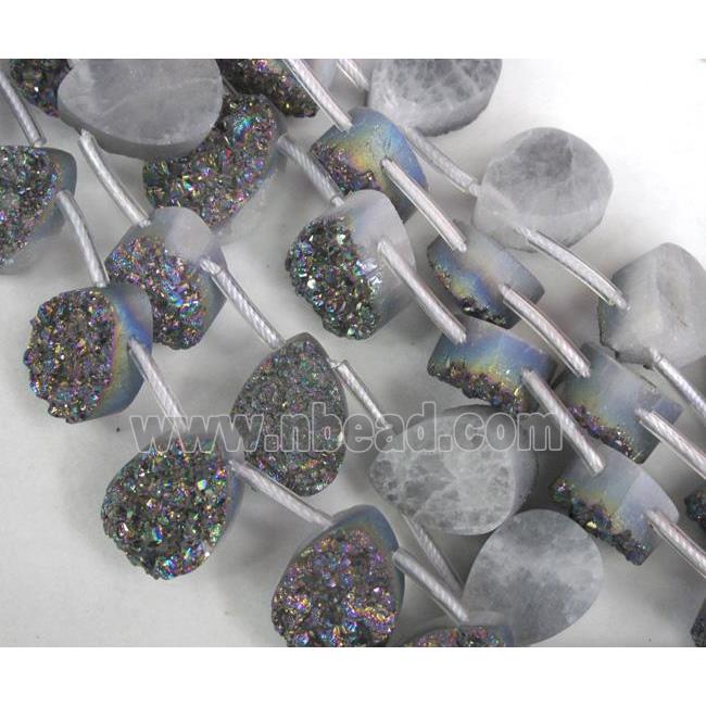 Agate Druzy beads, teardrop, rainbow electroplated