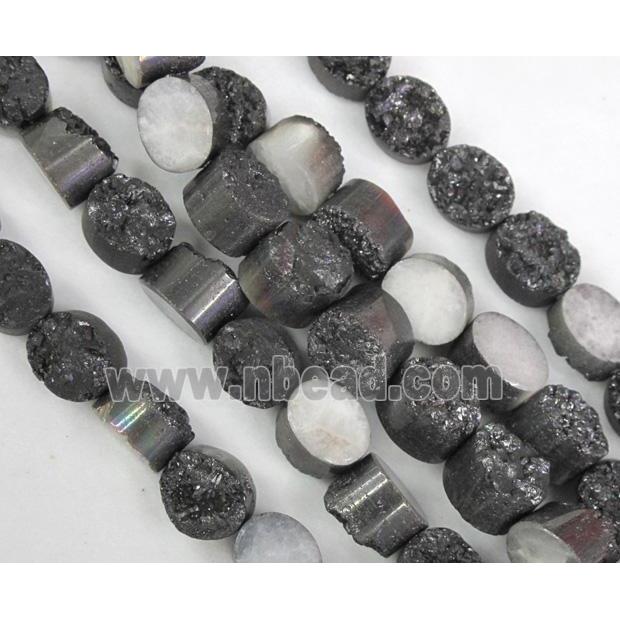 Agate Druzy beads, oval, black electroplated