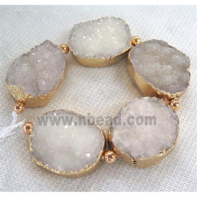 white druzy quartz beads, gold plated