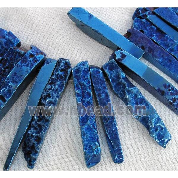 Rock Agate stick beads, blue electroplated