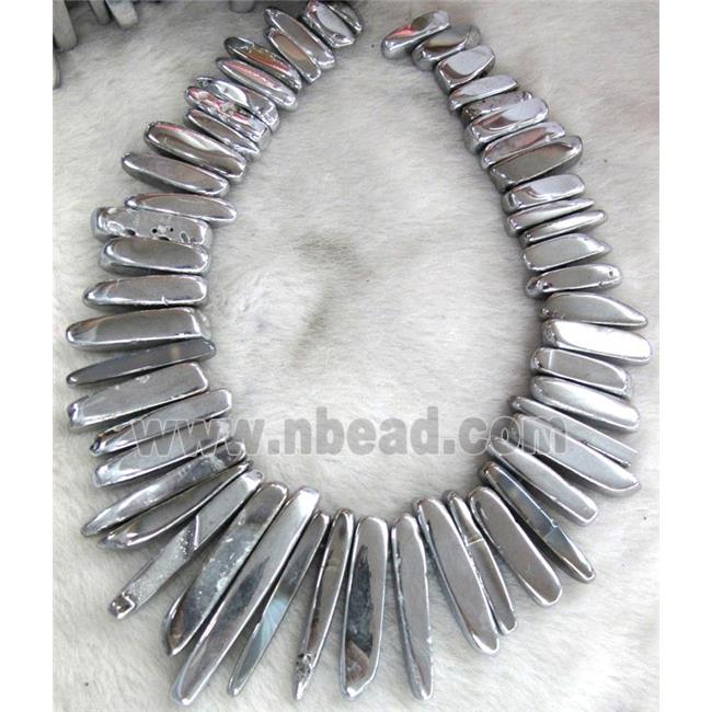 Rock Agate stick beads, polished, silver electroplated