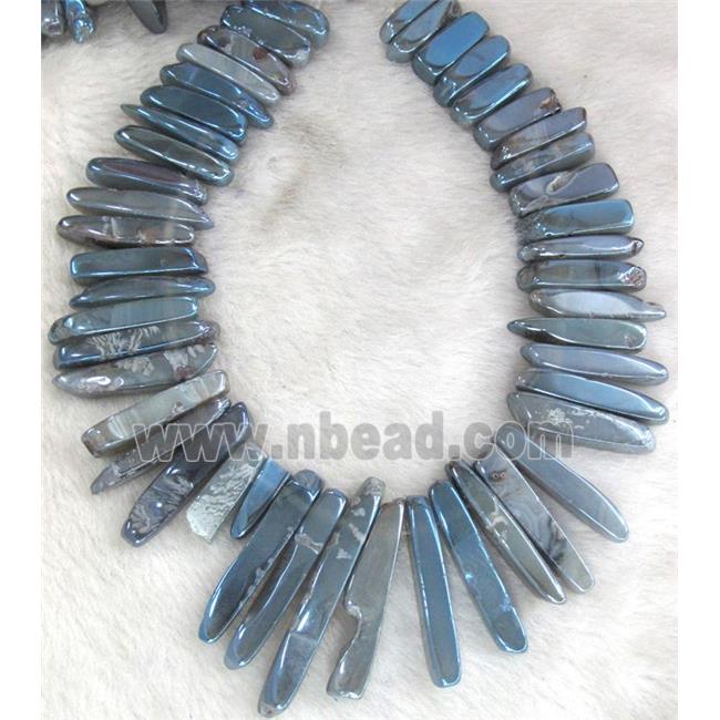 Rock Agate stick beads, polished, seablue electroplated
