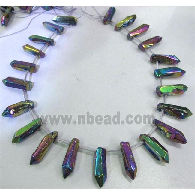 clear quartz stick bead, rainbow electroplated