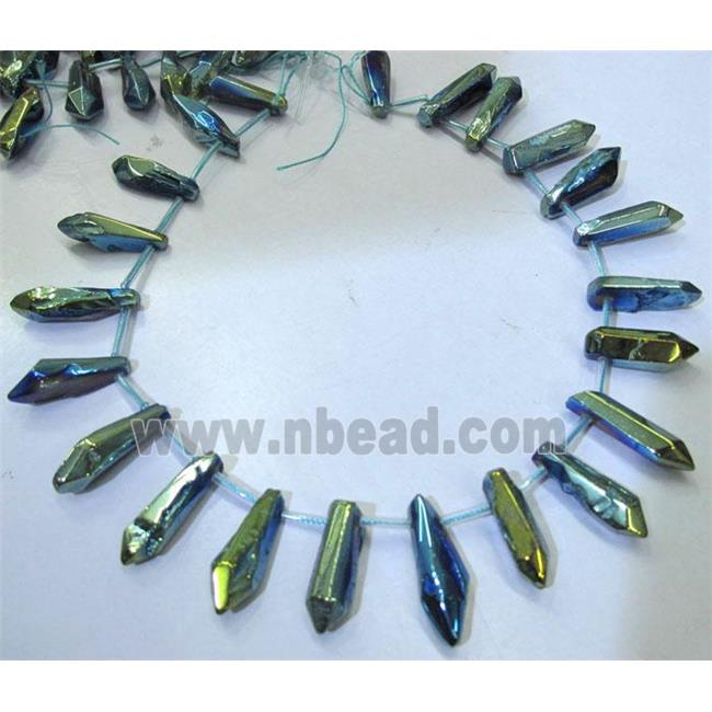 clear quartz stick bead, green electroplated