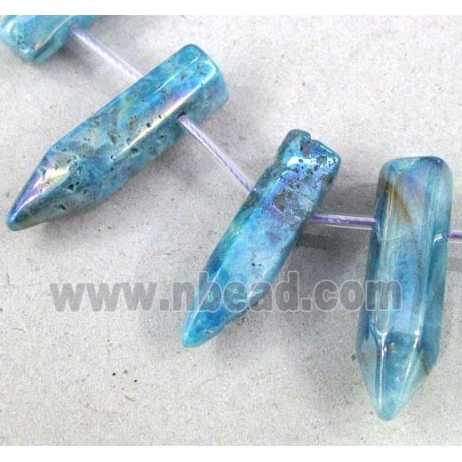 clear quartz stick bead, aqua electroplated