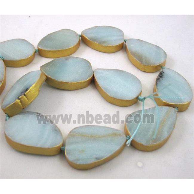 Amazonite teardrop beads, dark-gold plated
