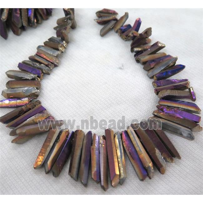 Clear Quartz Beads, stick, purple electroplated