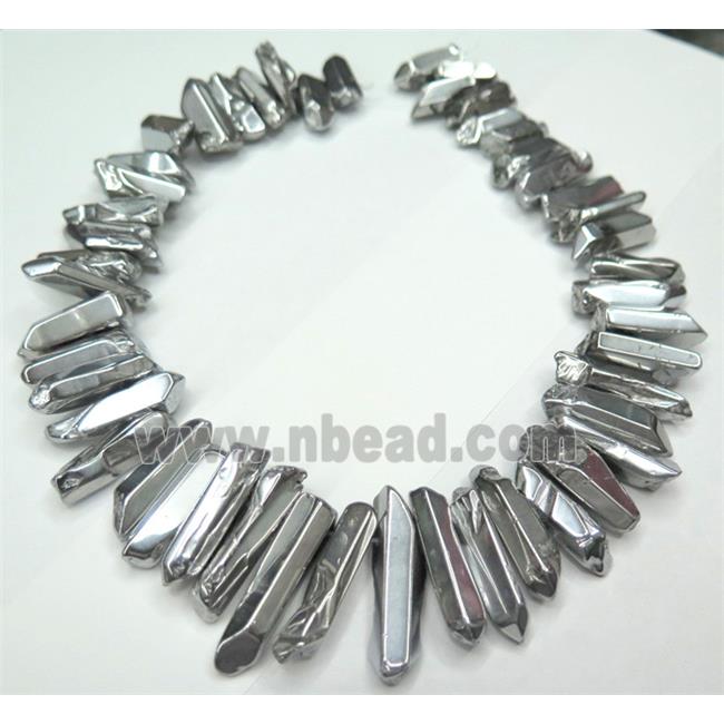 Clear Quartz Bead, stick, silver electroplated, polished