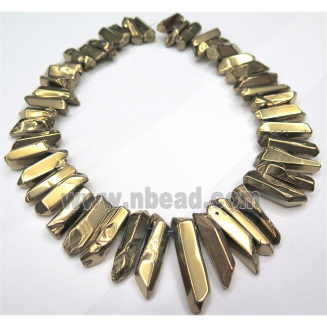 Clear Quartz Bead, stick, gold electroplated, polished