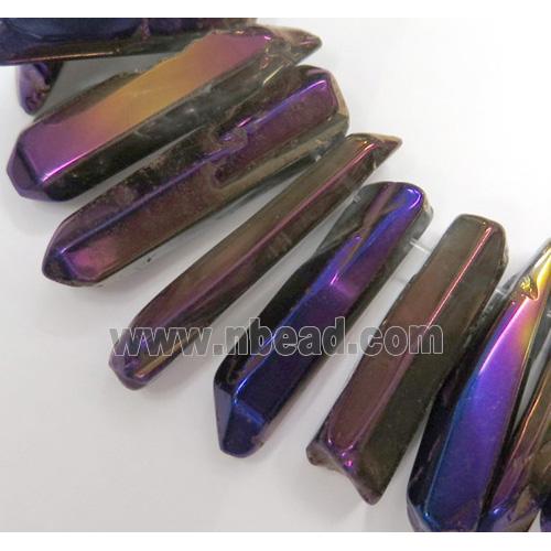 Clear Quartz Bead, stick, purple electroplated, polished