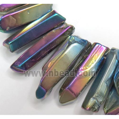 Clear Quartz Bead, stick, rainbow electroplated, polished