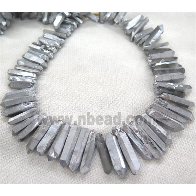 clear quartz bead for necklace, stick, silver plated