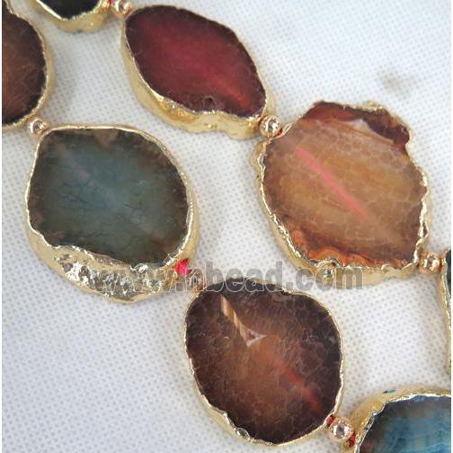 agate slab beads, freeform, gold plated, mixed color