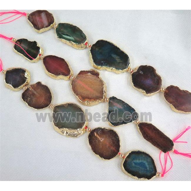 agate slab beads, freeform, gold plated, mixed color