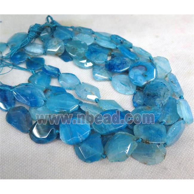 blue agate slice beads, freeform, faceted
