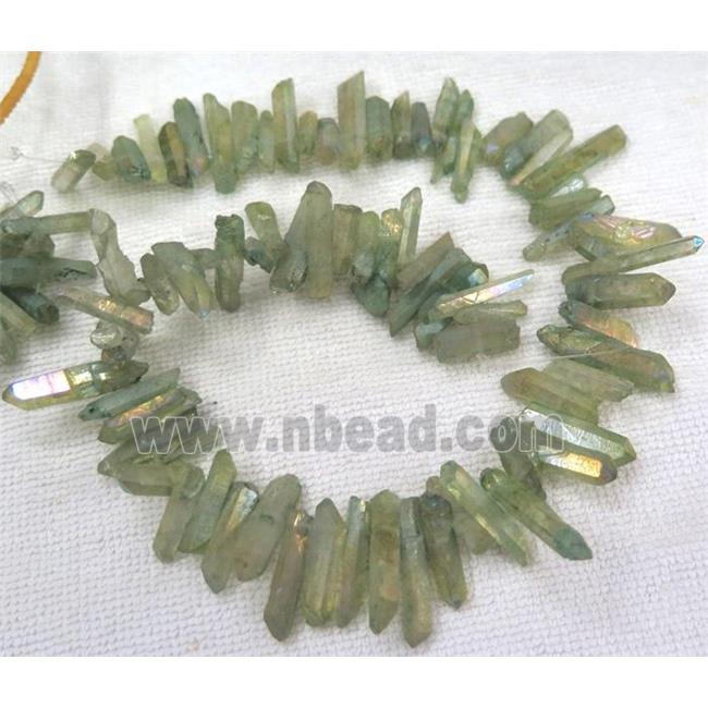 clear quartz beads, stick. freeform, green-AB color
