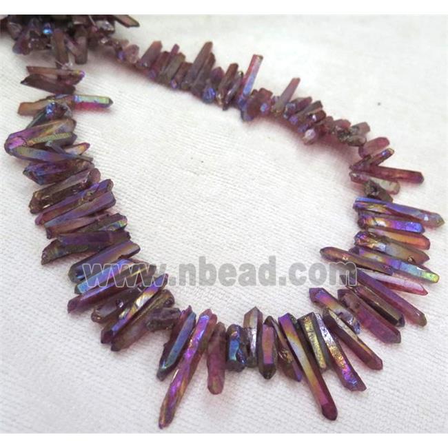 clear quartz bead, stick. freeform, purple AB-color