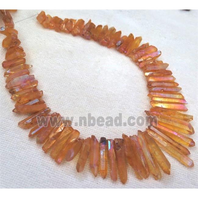 clear quartz stick beads, freeform, orange AB-color