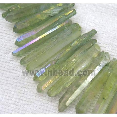 clear quartz stick beads, freeform, green AB-color