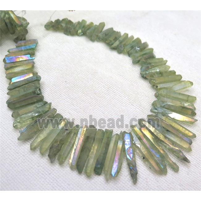clear quartz stick beads, freeform, green AB-color
