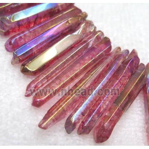 polished Clear Quartz stick beads, freeform, red