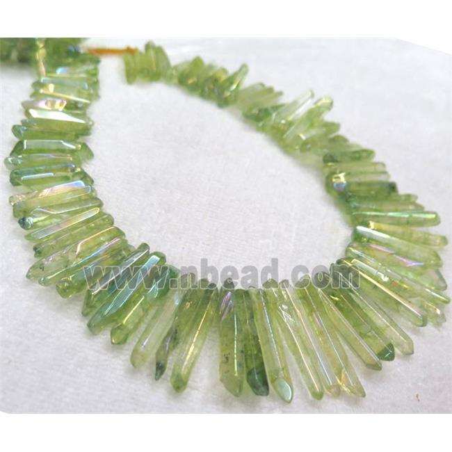 polished Clear Quartz stick beads, freeform, green