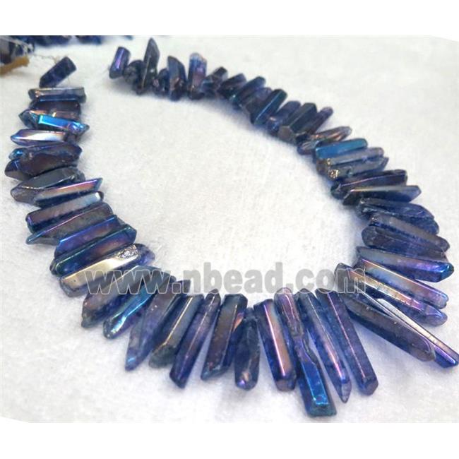 polished Clear Quartz stick beads, freeform, blue
