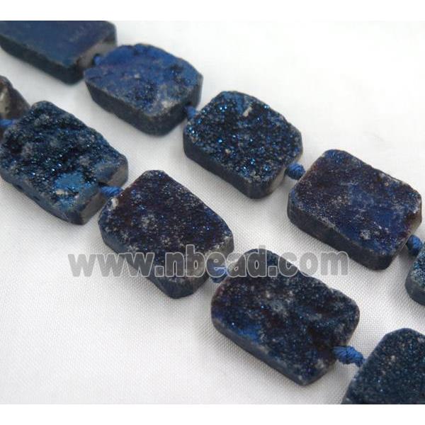 druzy quartz bead, rectangle, blue electroplated
