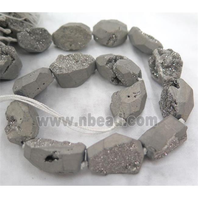 agate druzy beads, freeform, silver electroplated