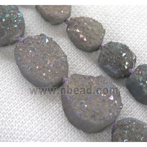 druzy quartz bead, freeform, gray rainbow electorplated