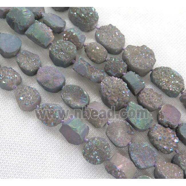 druzy quartz bead, freeform, gray rainbow electorplated