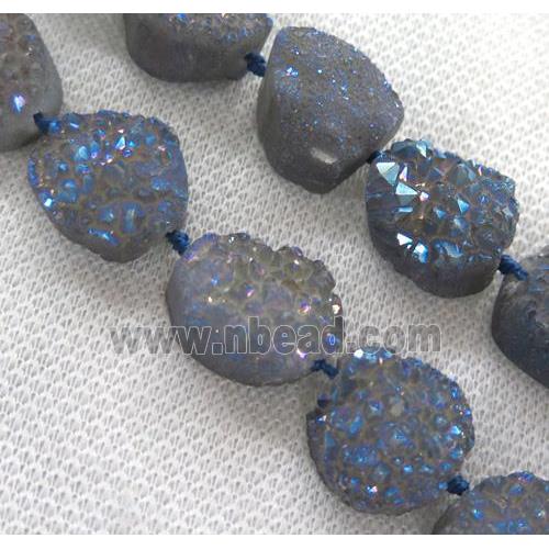 druzy quartz bead, freeform, gray blue electroplated